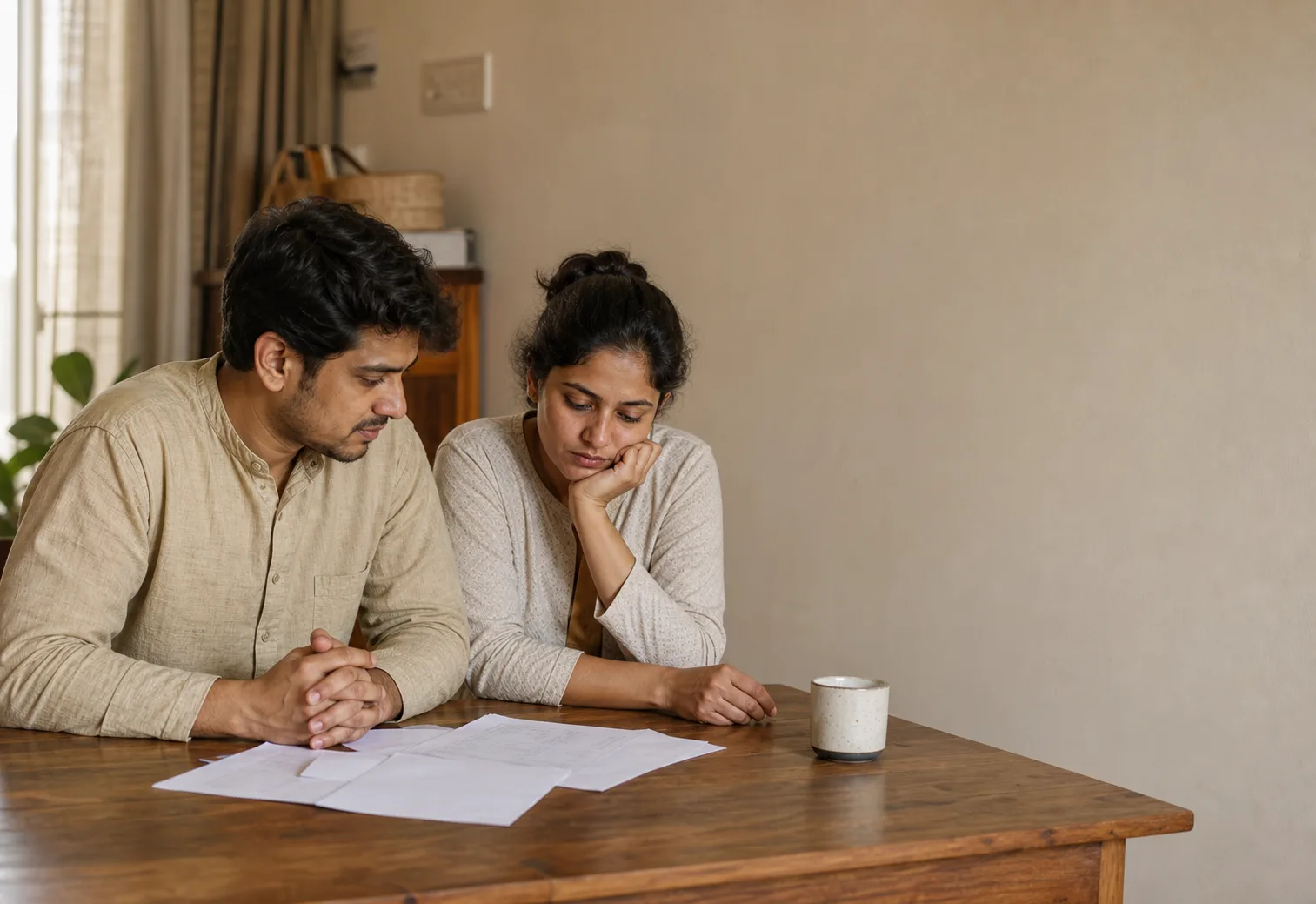 A couple sitting at a kitchen table,
          looking down at papers spread between them